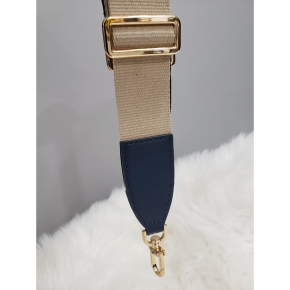 50" Michael Kors Gold Navy Blue Canvas Handbag Shoulder Crossbody Webbing Strap - Picture 4 of 5